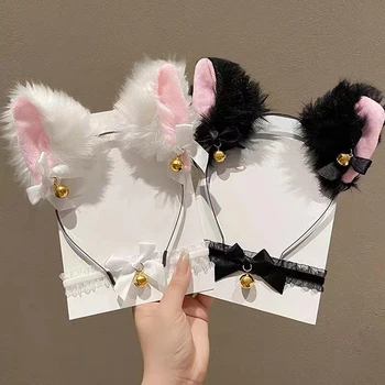 1Set Kawaii Gato Orelha Faixa Colar de Anime de Festa Cosplay Traje de Renda Arco Bell Gola de Pelúcia Headwear Mulheres Acessórios de Cabelo